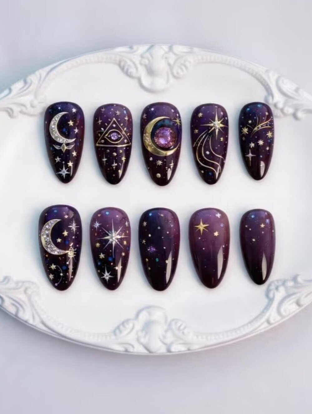 🔥3/$21 Galaxy Night Press-On Nails with Gold Celestial Accents